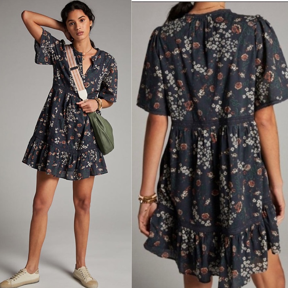 Anthropologie Navy Floral Ruffle-Hem Short Dress